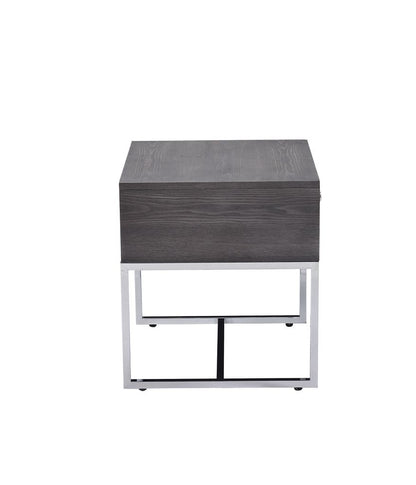 Wooden End Table with Tubular Metal Base and Spacious Drawer, Gray and Silver - View 5