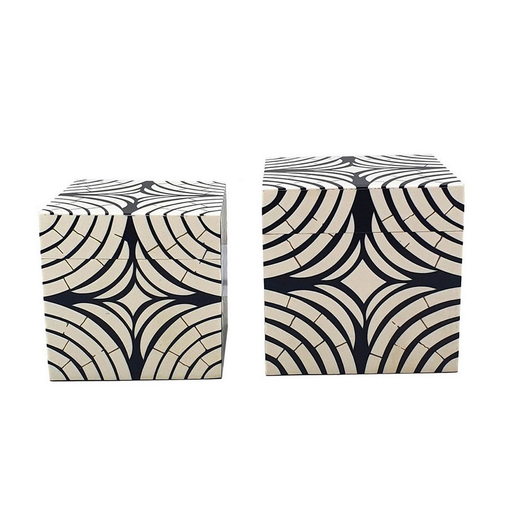 8, 7 Inch Storage Box Set of 2, Wood Frame, Black and White Trellis - View 3