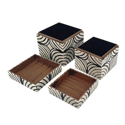 8, 7 Inch Storage Box Set of 2, Wood Frame, Black and White Trellis - View 4