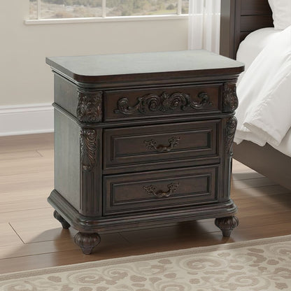 30 Inches 3 Drawer Engraved Wooden Nightstand, Brown - View 7