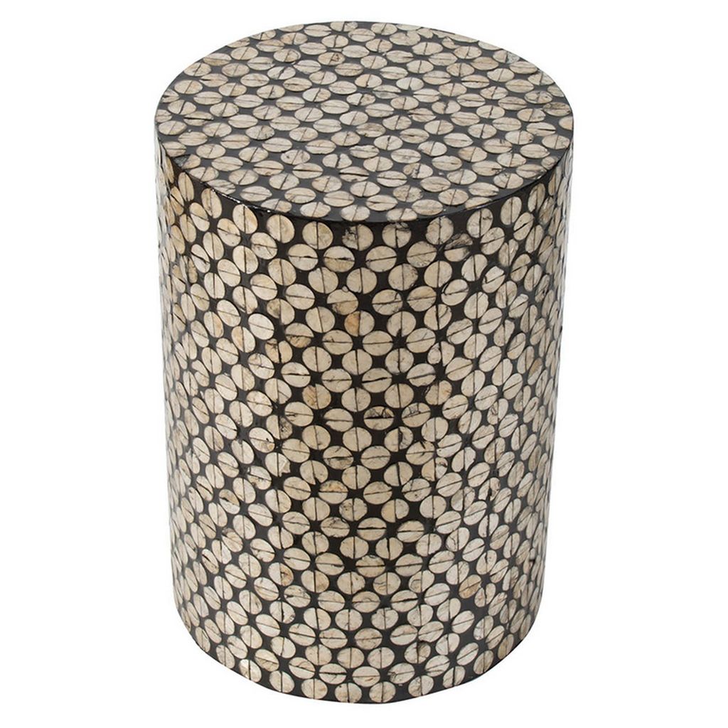 20 Inch Stool Table, Round Wood Design, Modern, Capiz Inlay, Black, White - View 2