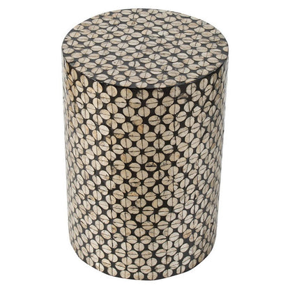 20 Inch Stool Table, Round Wood Design, Modern, Capiz Inlay, Black, White - View 2