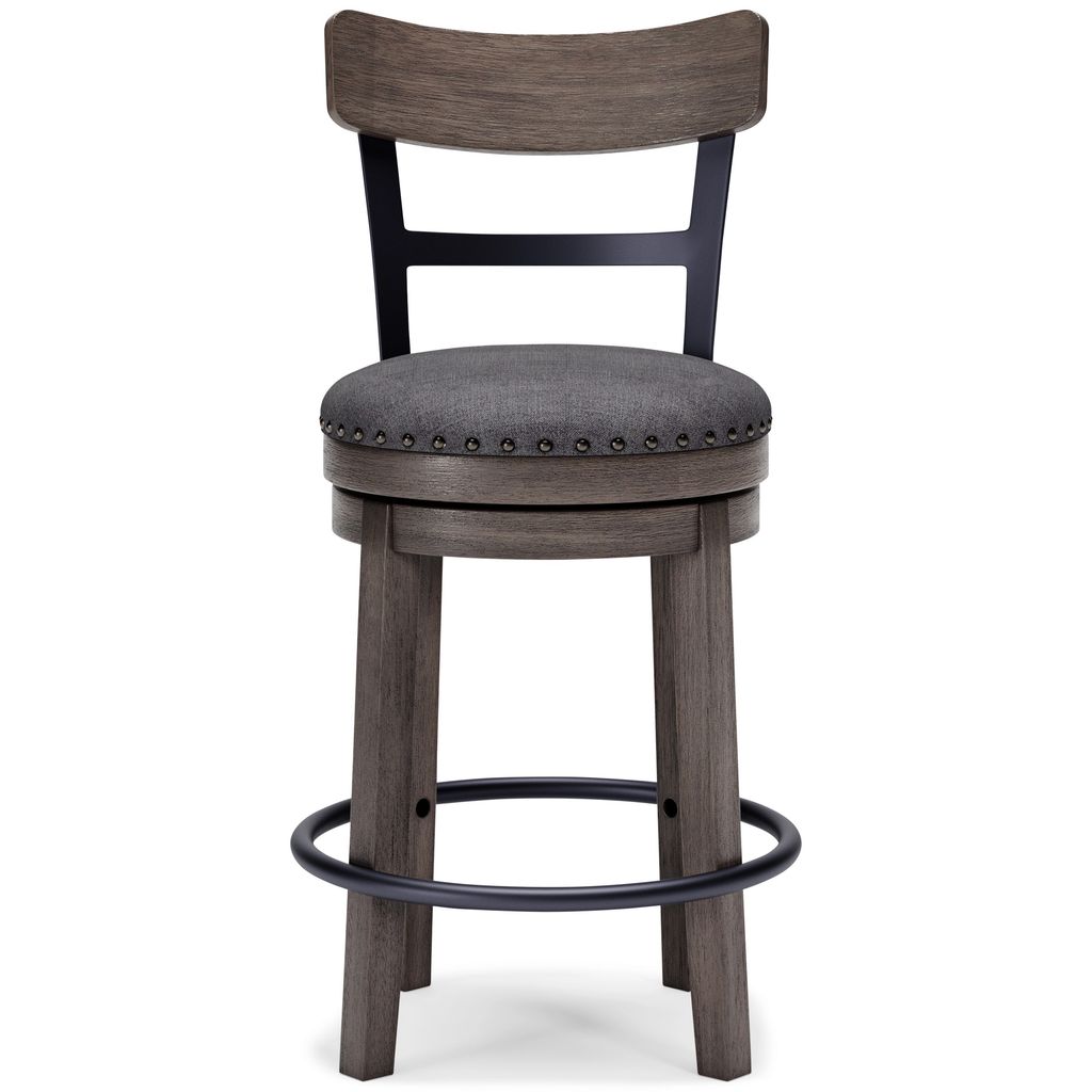 Swivel Barstool with Nailhead Trim and Curved Panel Back, Gray - View 3