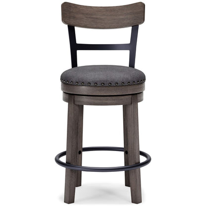 Swivel Barstool with Nailhead Trim and Curved Panel Back, Gray - View 3