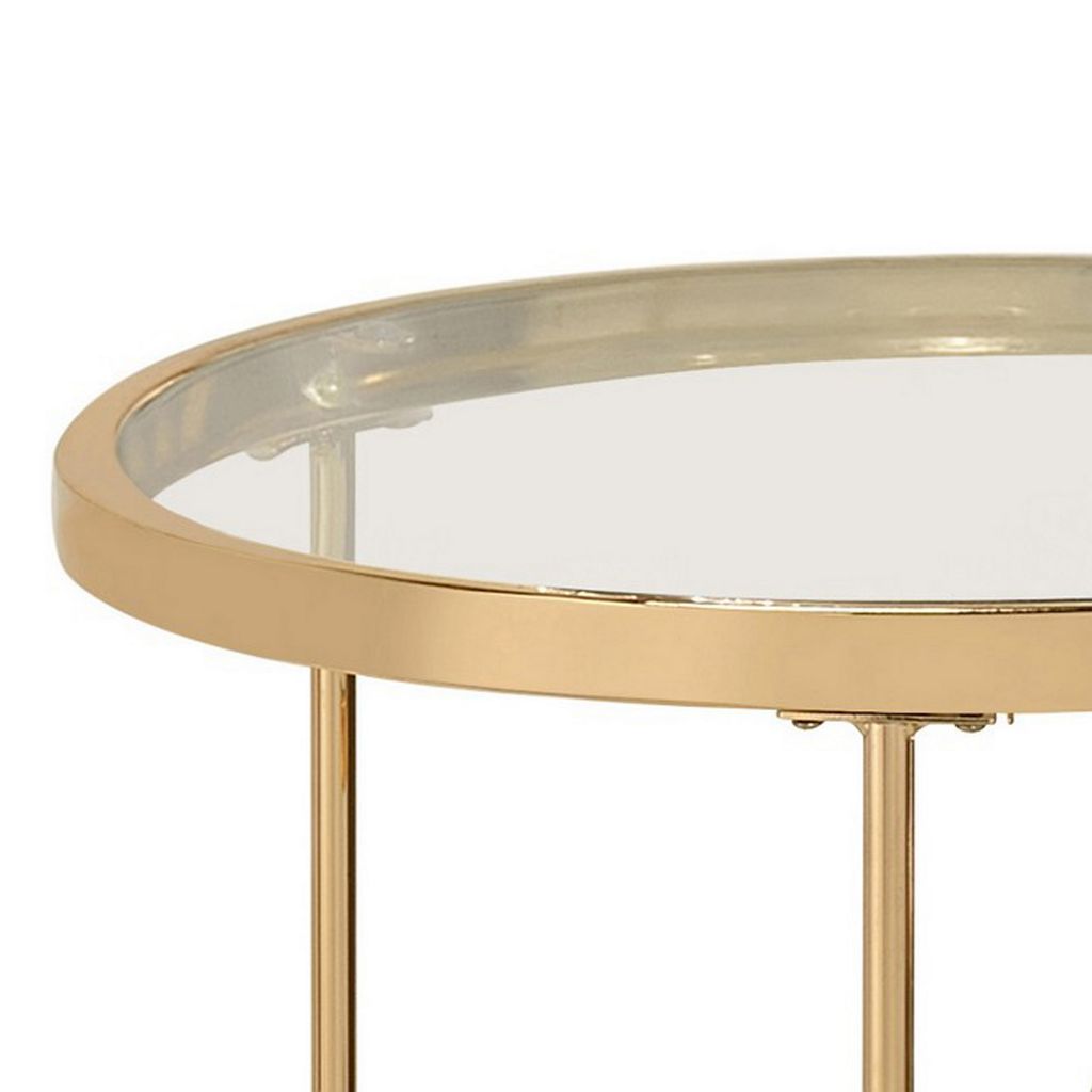 23 Inch Round Nesting Tables, Glass, Metal Base, Set of 2, Gold, Clear - View 2