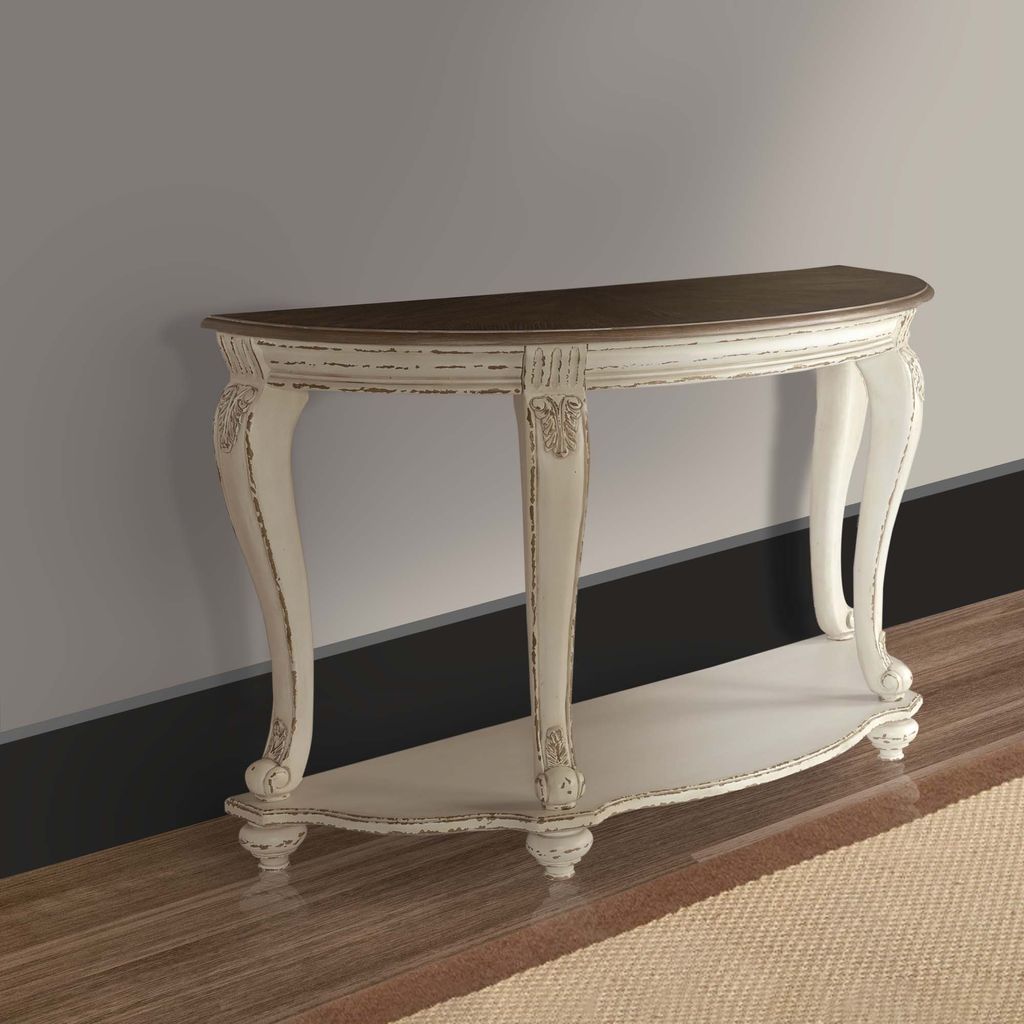 Crescent Moon Wooden Sofa Table with Engraved Details, Brown and White - View 7