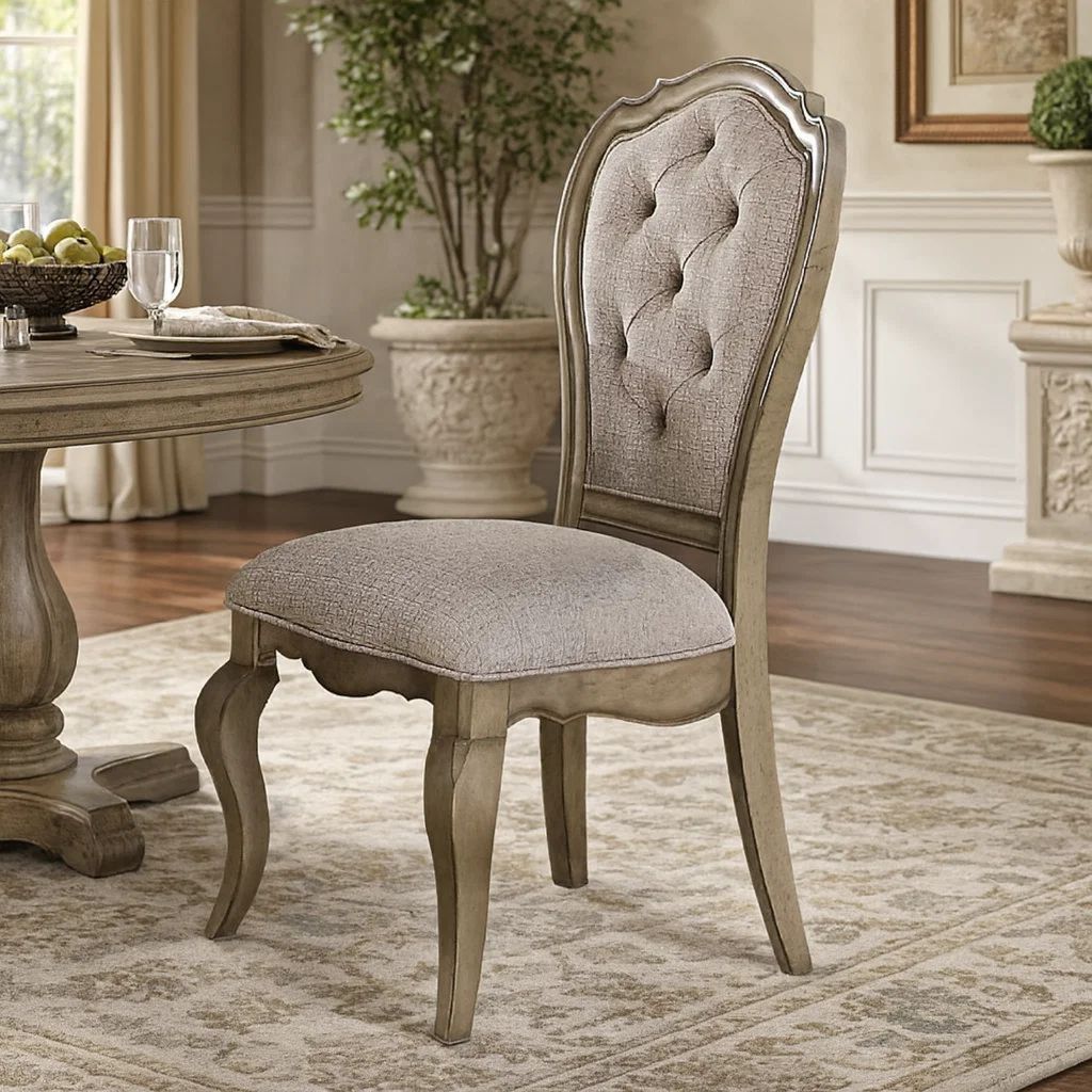 Button Tufted Upholstered Dining Side Chair, Set of 2, Beige - View 7