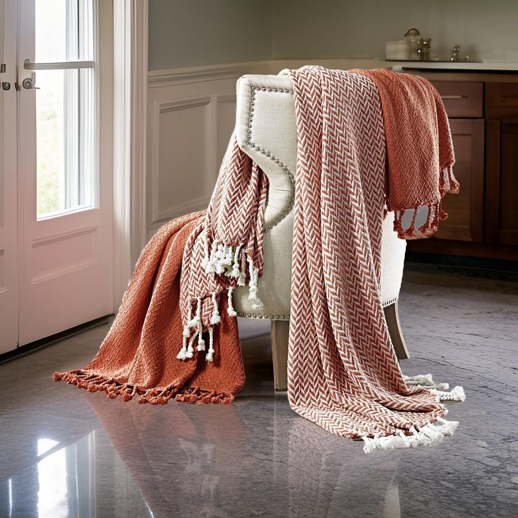 Calabria Herringbone Cotton Throw The Urban Port, Set of 2, Red and White - View 7