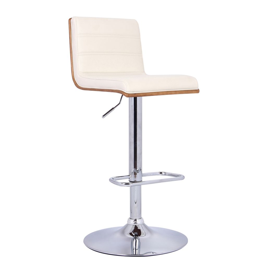 Wooden Support Faux Leather Barstool with Pedestal Base, Cream and Chrome - View 5