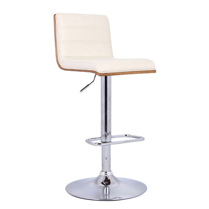 Wooden Support Faux Leather Barstool with Pedestal Base, Cream and Chrome - View 5