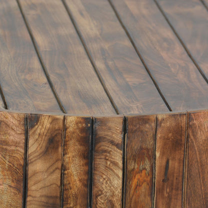34 Inch Handmade Wooden Round Coffee Table with Plank Design, Burned Brown - View 3