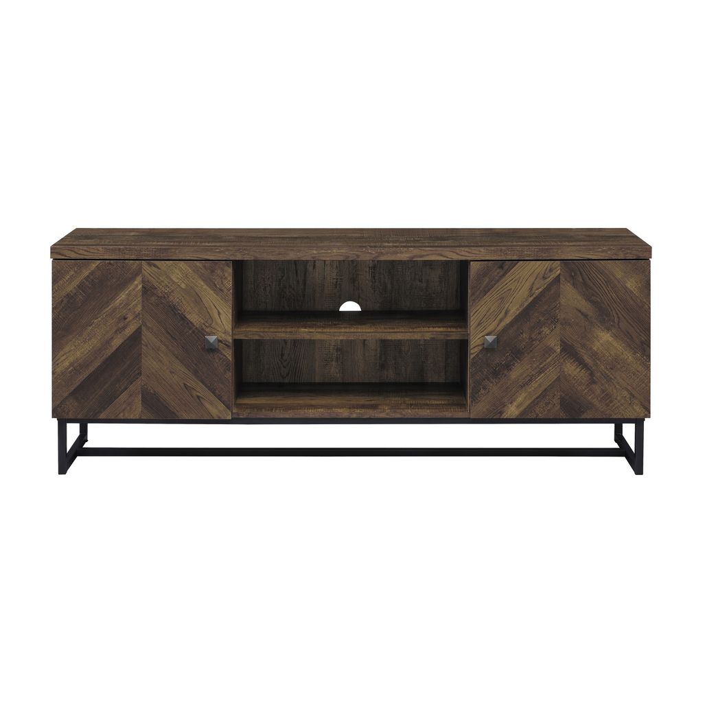 60 Inch TV Media Console Cabinet, 2 Herringbone Doors, Rustic Brown Wood - View 2
