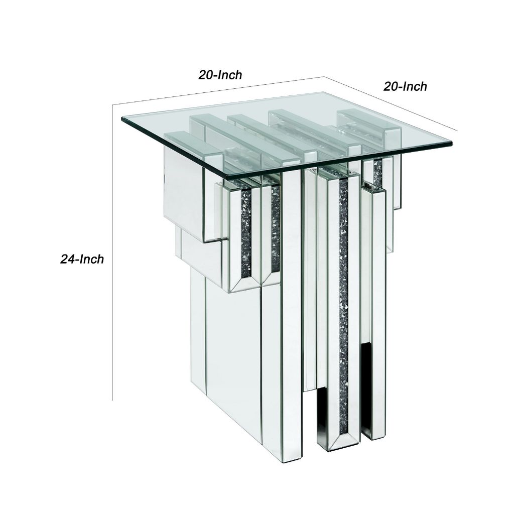 Glass Top End Table with Mirror Panels and Faux Gemstone Accents, Silver - View 6