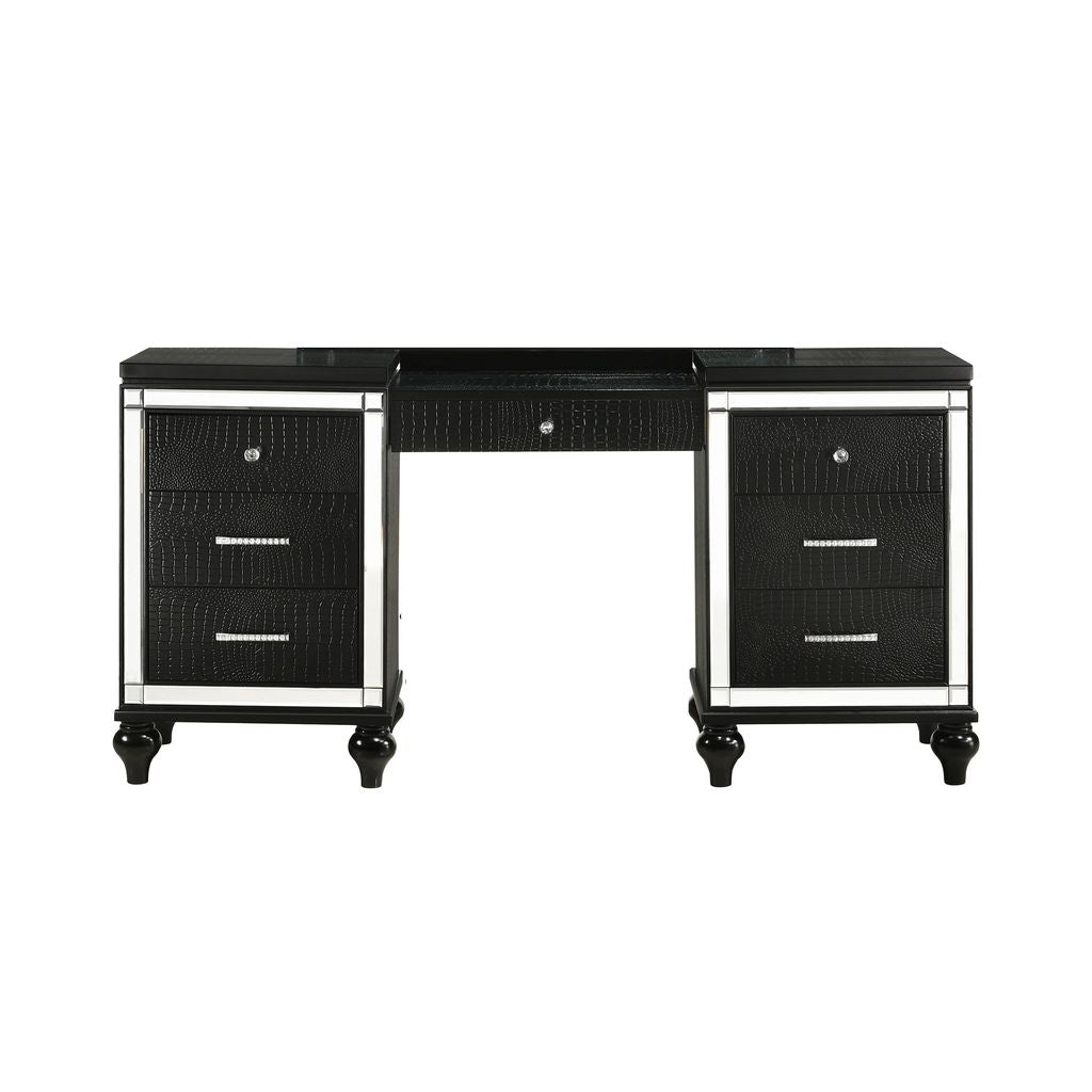 Kya 64 Inch Vanity Dresser Table with 7 Drawers, Mirrored Trim, Glam Black - View 2