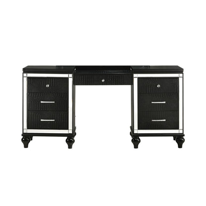 Kya 64 Inch Vanity Dresser Table with 7 Drawers, Mirrored Trim, Glam Black - View 2