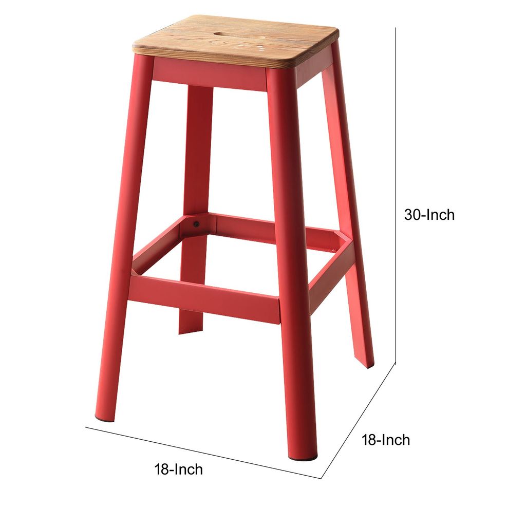 Industrial Style Metal Frame and Wooden Bar Stool, Brown and Red - View 6