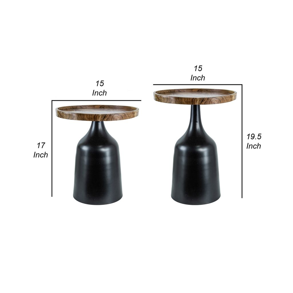 20, 17 Inch Side Table, Acacia Wood, Flared Pedestal Base, Aluminum, Black - View 5