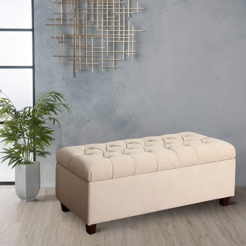 Fabric Upholstered Button Tufted Wooden Bench With Hinged Storage, Cream and Brown - View 7