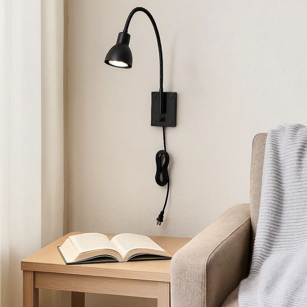 Metal Round Wall Reading Lamp with Plug In Switch, Black - View 7