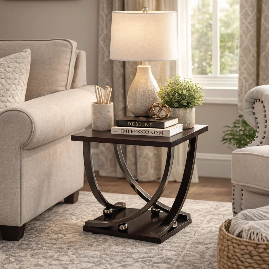 Wood and Metal End Table with Sweeping Legs, Dark Walnut Brown and Black - View 7