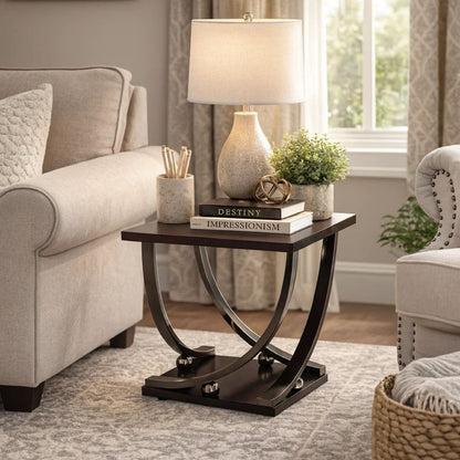 Wood and Metal End Table with Sweeping Legs, Dark Walnut Brown and Black - View 7