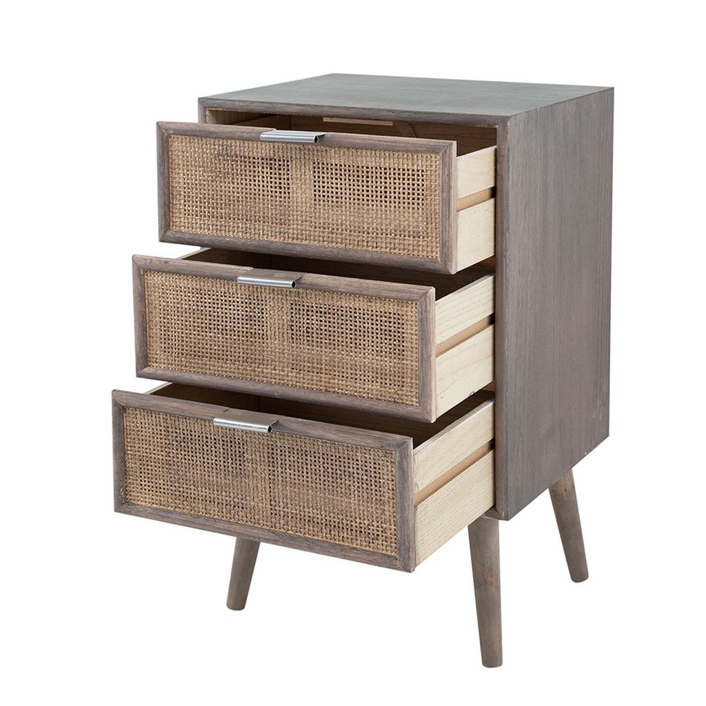 Cae 28 Inch Dresser Chest, 3 Drawers, Pine Wood, Rattan Panels, Dark Gray - View 2