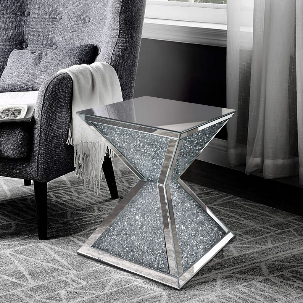Sparkling End Table with Faux Diamonds Inlay , Silver and Clear - View 7