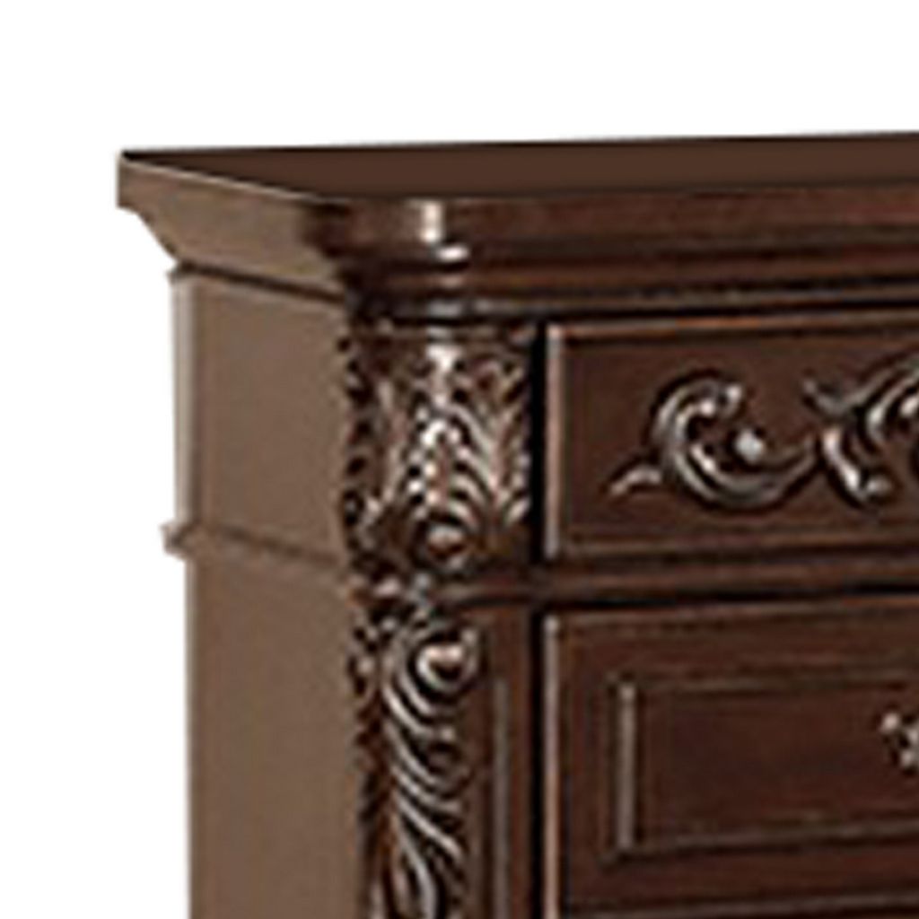 30 Inches 3 Drawer Engraved Wooden Nightstand, Brown - View 2