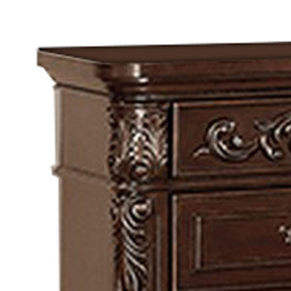 30 Inches 3 Drawer Engraved Wooden Nightstand, Brown - View 2