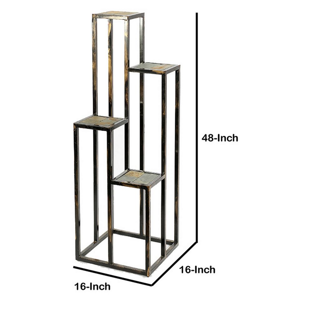 4 Tier Cast Iron Frame Plant Stand with Stone Topping, Black and Gold - View 6
