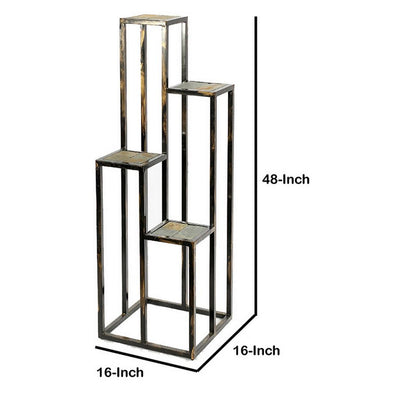4 Tier Cast Iron Frame Plant Stand with Stone Topping, Black and Gold - View 6