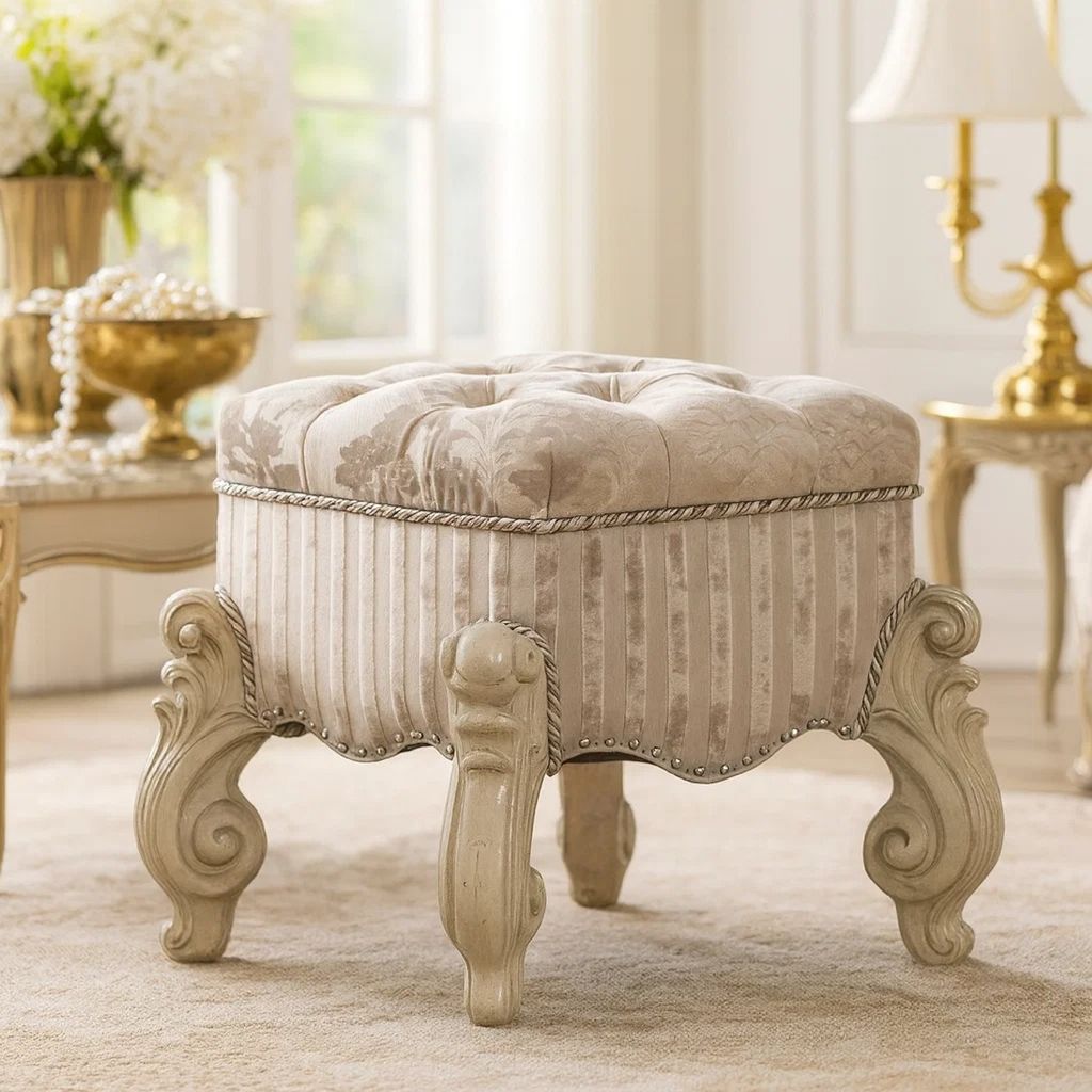 Tufted Fabric Upholstered Wooden Vanity Stool with Scrolled Legs, Bone White - View 7