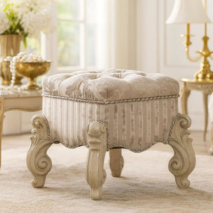 Tufted Fabric Upholstered Wooden Vanity Stool with Scrolled Legs, Bone White - View 7