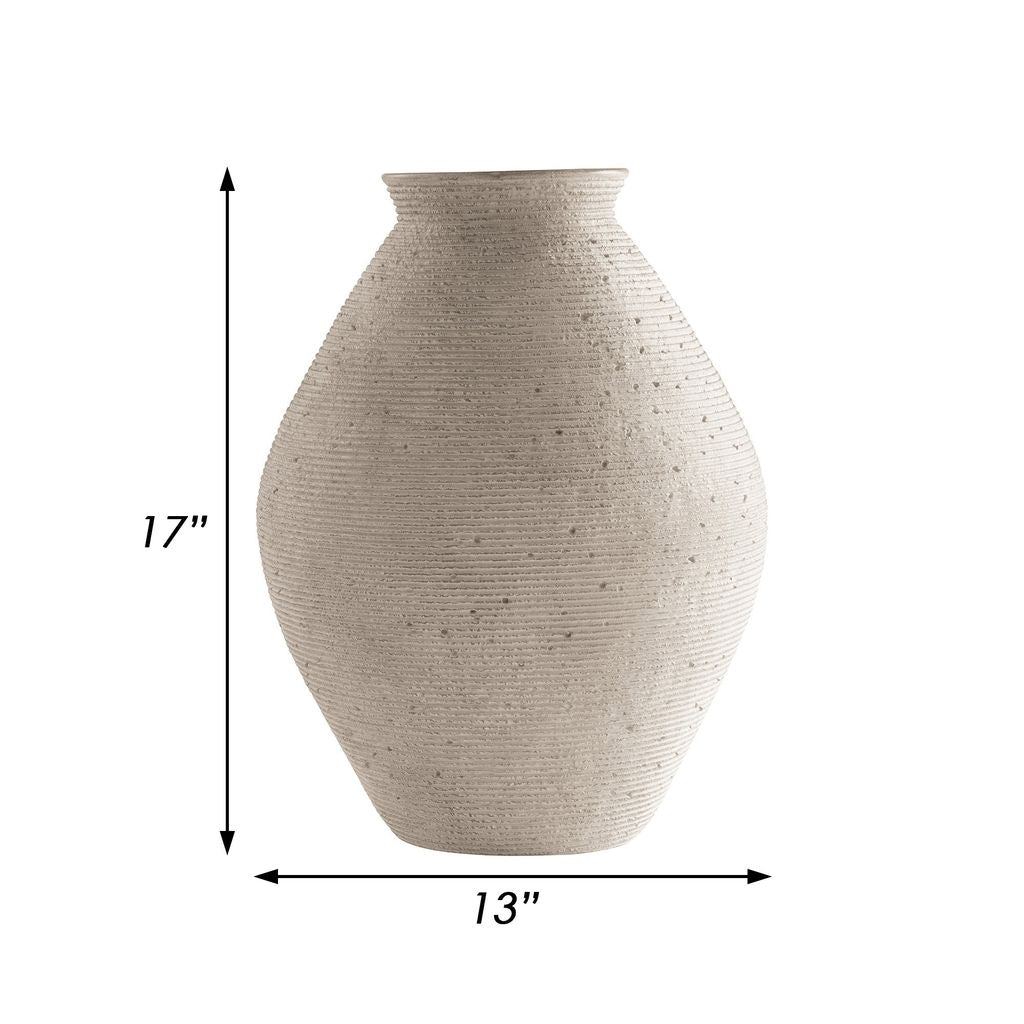 Dale 17 Inch Round Polyresin Vase, Tightly Ribbed Texture, Antique Beige - View 6