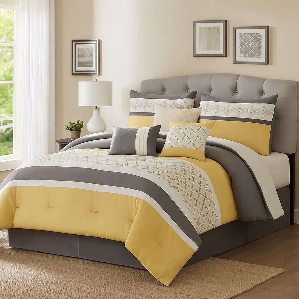 Quatrefoil Print Queen Size 7 Piece Fabric Comforter Set, Yellow and Gray - View 7