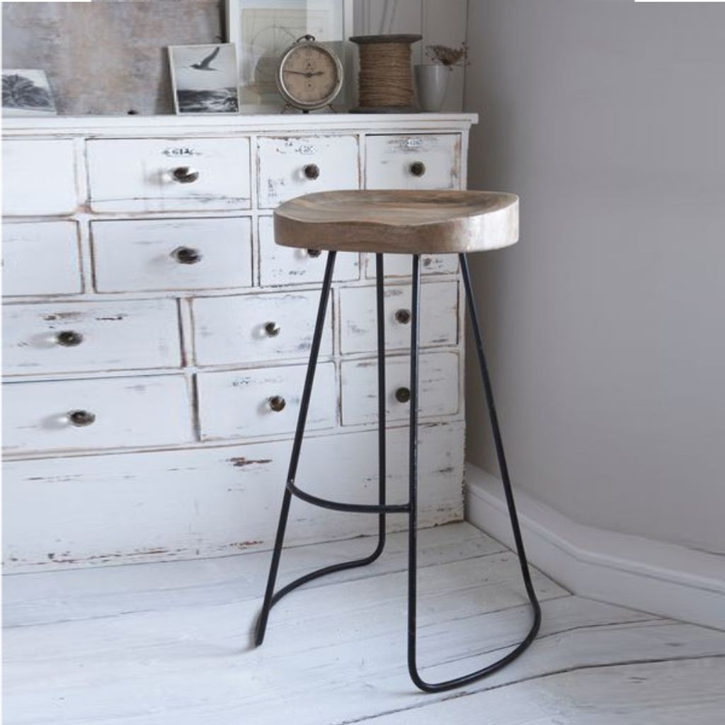 Ela 24 Inch Counter Height Stool, Mango Wood Saddle Seat, Iron Frame, Brown and Black - View 6