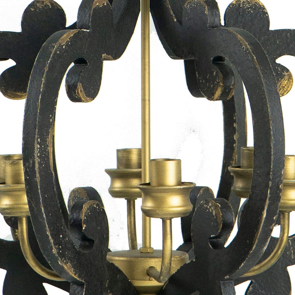 Aki 21 Inch Carved Wood Chandelier, 6 Lights, Vintage Classic, Black, Gold - View 3
