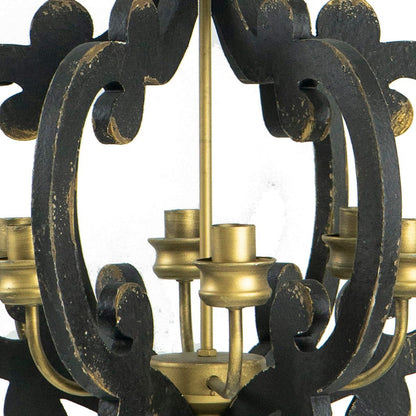 Aki 21 Inch Carved Wood Chandelier, 6 Lights, Vintage Classic, Black, Gold - View 3