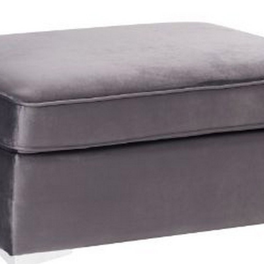 Ottoman with Velvet Upholstery and Metal Legs, Gray - View 4