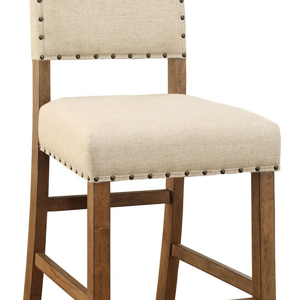 Counter Height Chair, Beige Fabric, Nailhead Trim, Set of 2, Brown Wood Legs - View 4