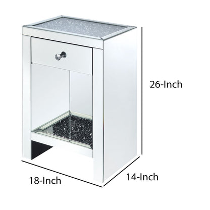 Mirrored Wooden Night Table with 1 Drawer and Bottom Shelf, Silver - View 6