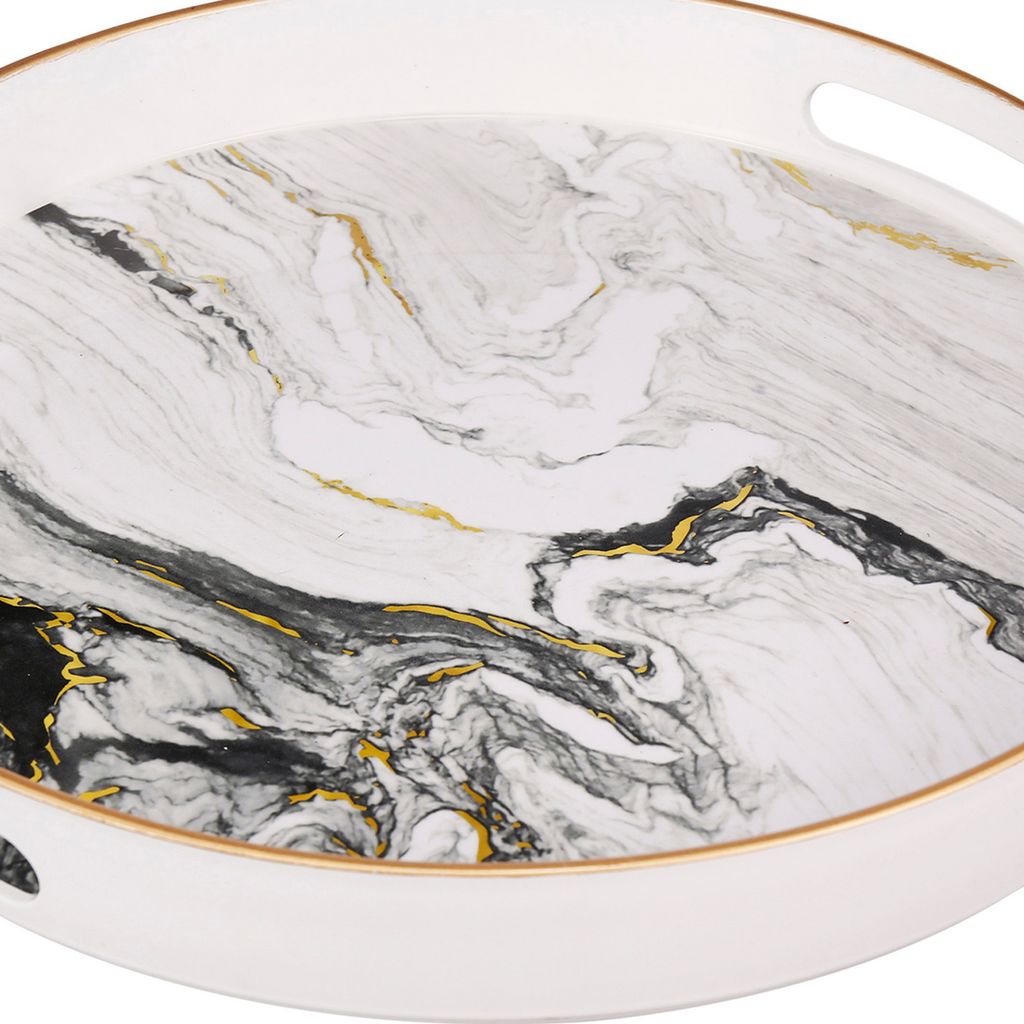 Set of 2 Round Accent Trays, Tabletop Decor, Marbling, Black, White, Gold - View 3