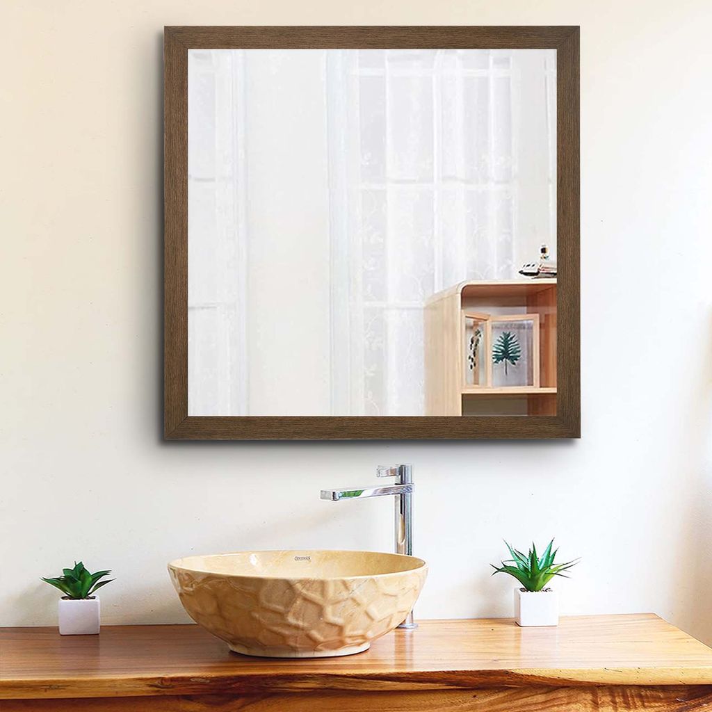 Transitional Style Wooden Frame Mirror with Grain Details, Brown - View 7