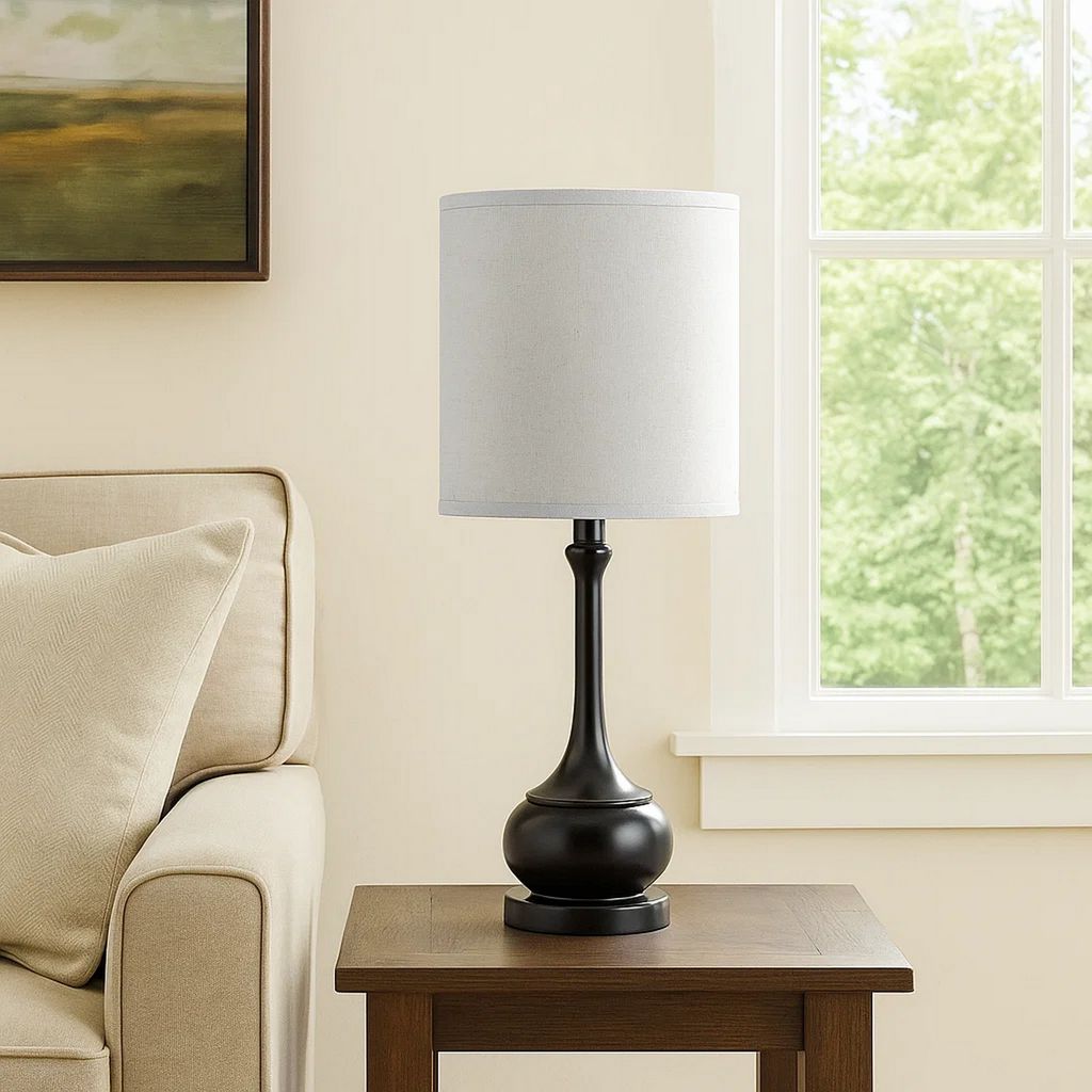 Elongated Bellied Shape Metal Accent Lamp with Drum Shade, Black - View 7