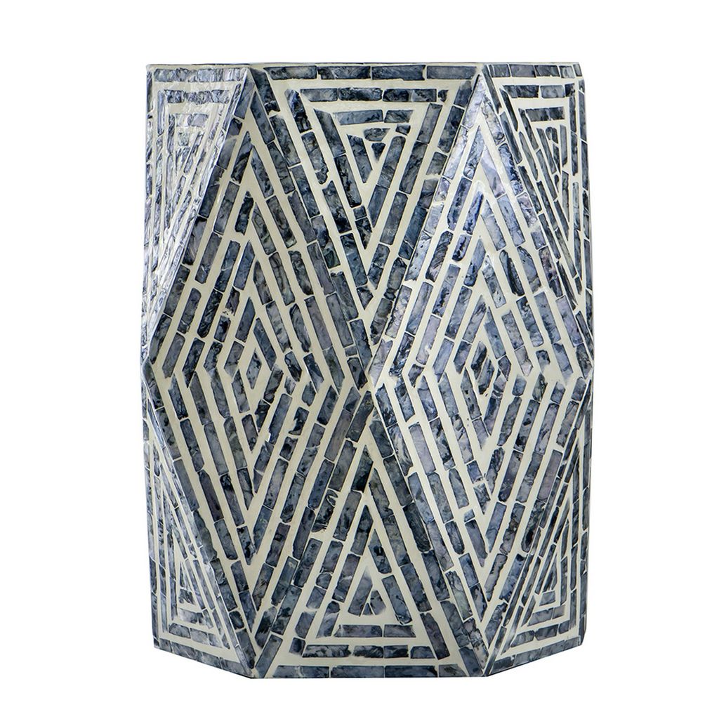 18 Inch Accent Table Stool, Hexagonal Design, Diamond Pattern, Blue, White - View 2