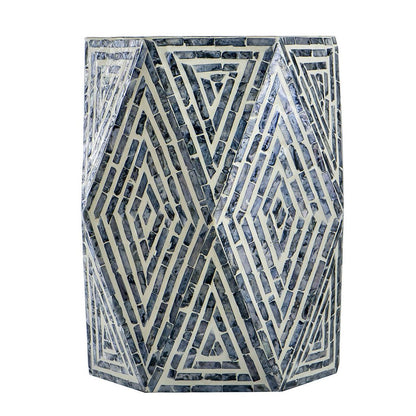 18 Inch Accent Table Stool, Hexagonal Design, Diamond Pattern, Blue, White - View 2