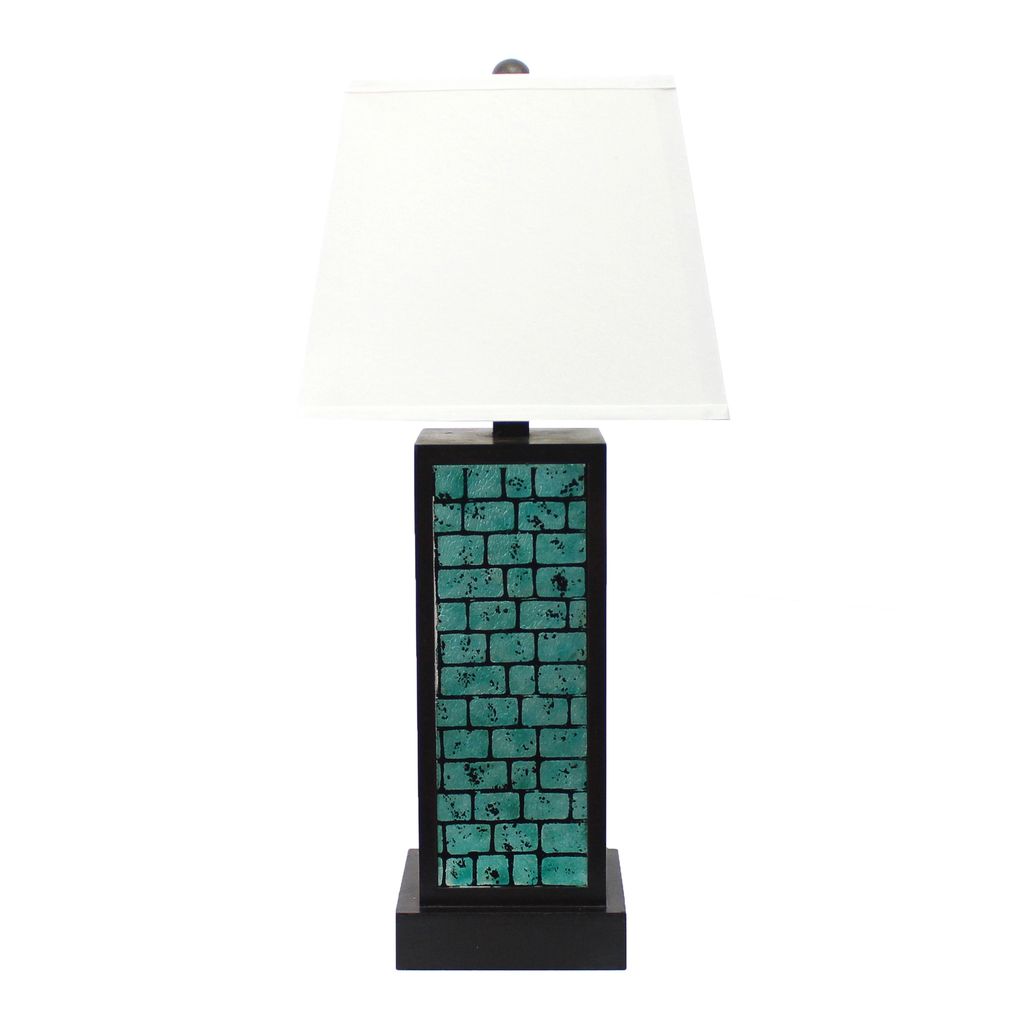 Rectangular Metal Frame Table Lamp Set of 2 with Brick Pattern, White and Blue