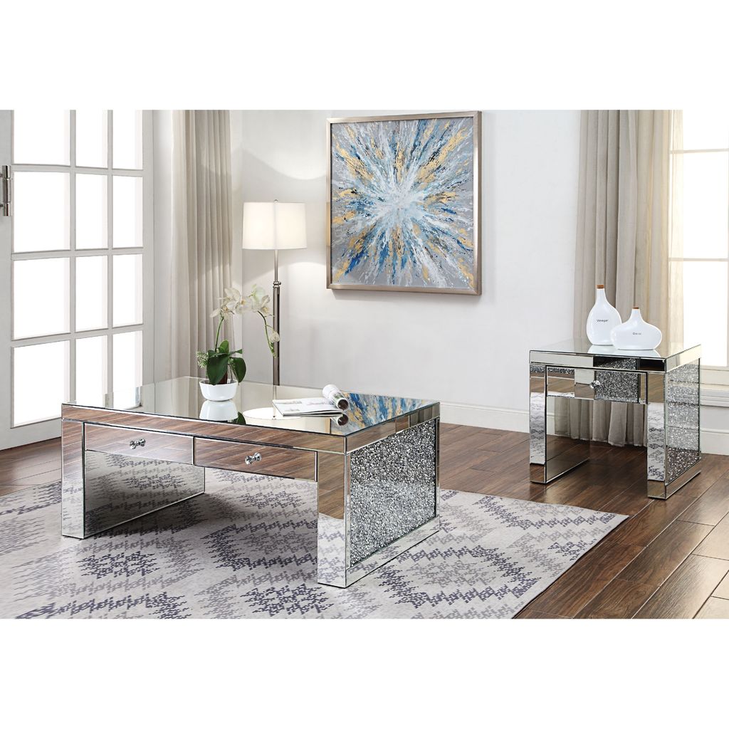 Wood and Mirror End Table with One Drawer, Clear - View 7