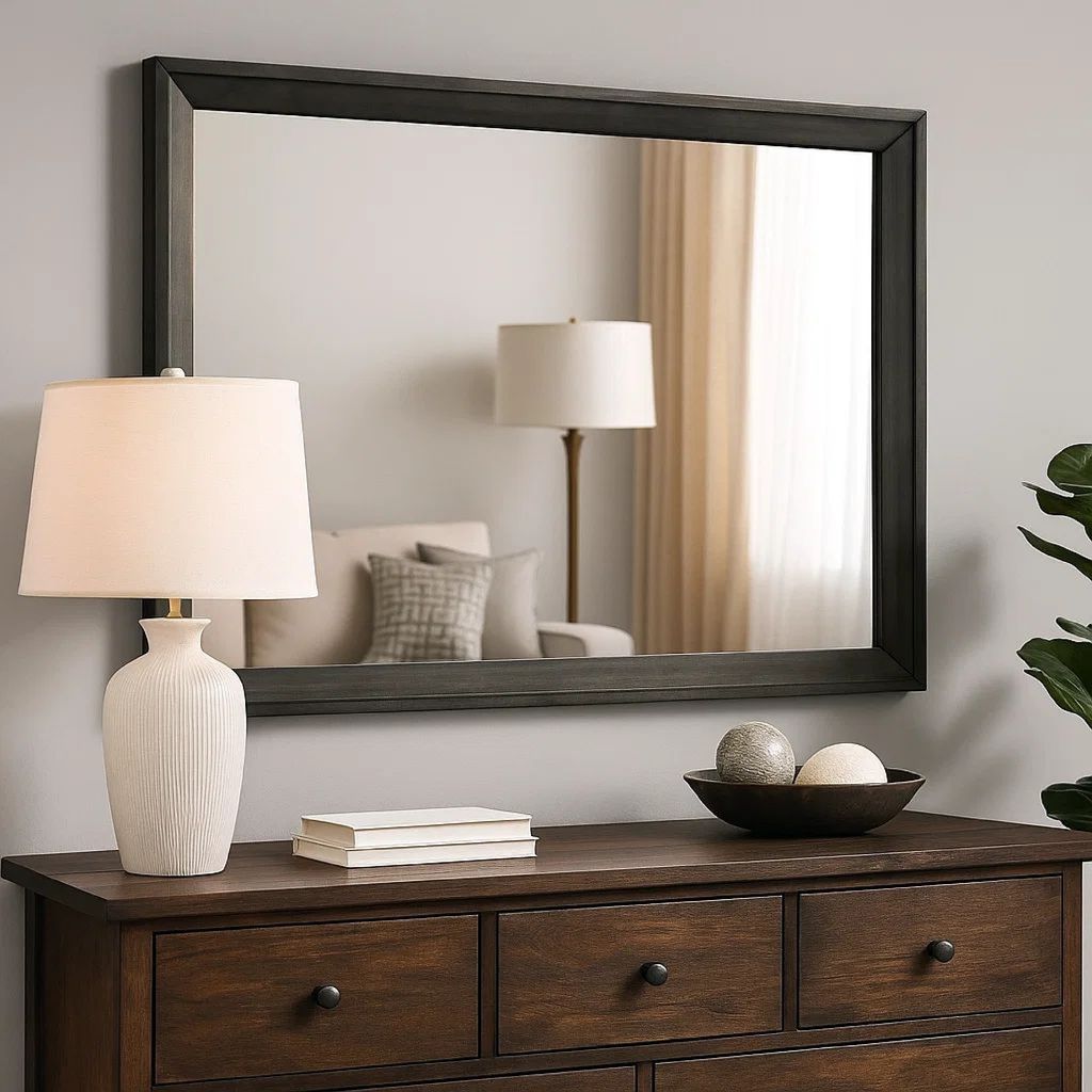 45 Inch Rectangular Wooden Frame Contemporary Mirror, Gray - View 7