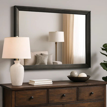 45 Inch Rectangular Wooden Frame Contemporary Mirror, Gray - View 7